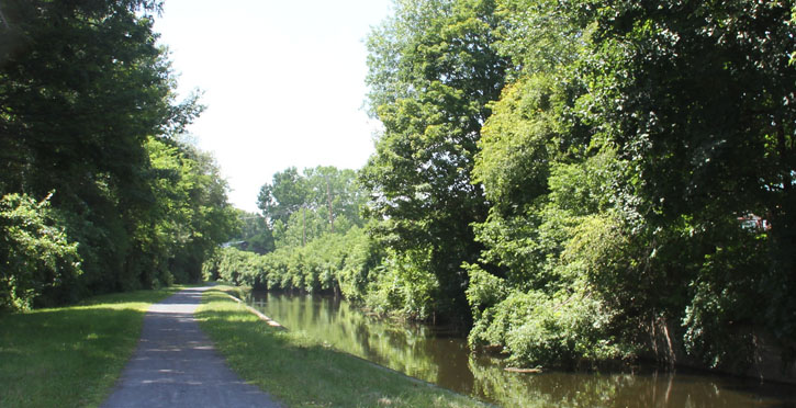 Gravel trail next to canal lined with trees