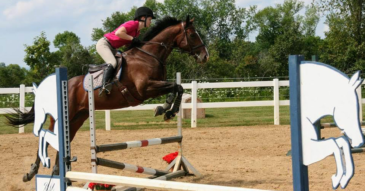 a girl on a horse jumping over an obstacle