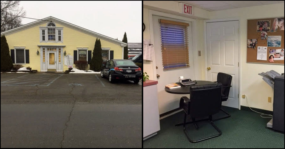 two side-by-side images, outside office on left, part of office inside on the right