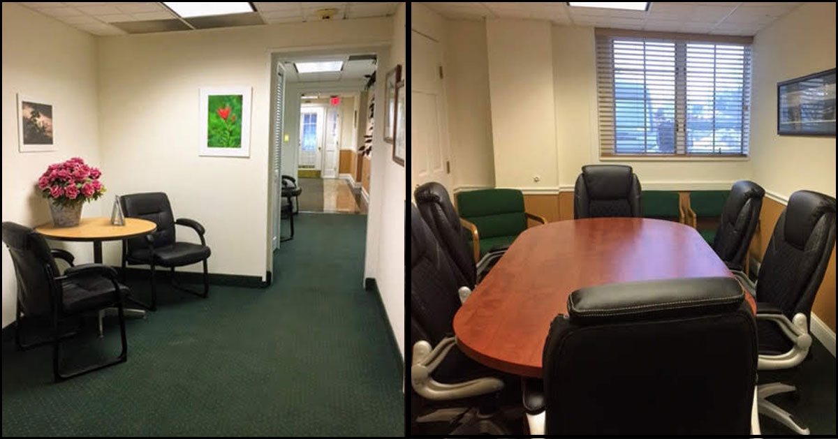 split image of office with hallway on the left and conference table on the right