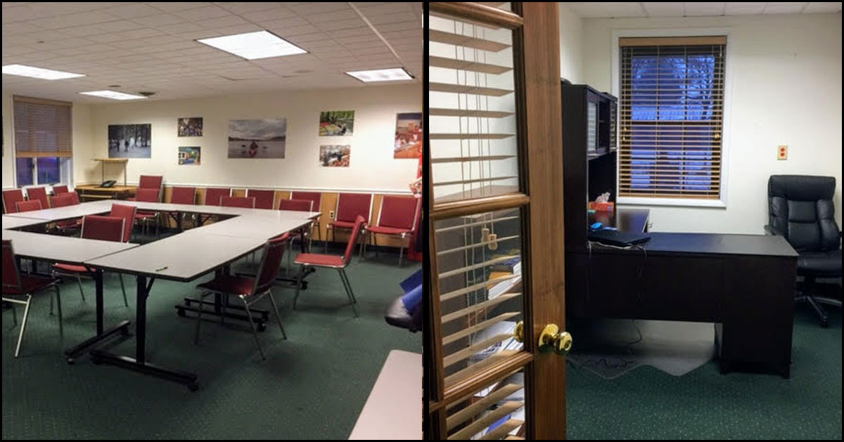 split image with large table with chairs on the left, inside of an office space on the right