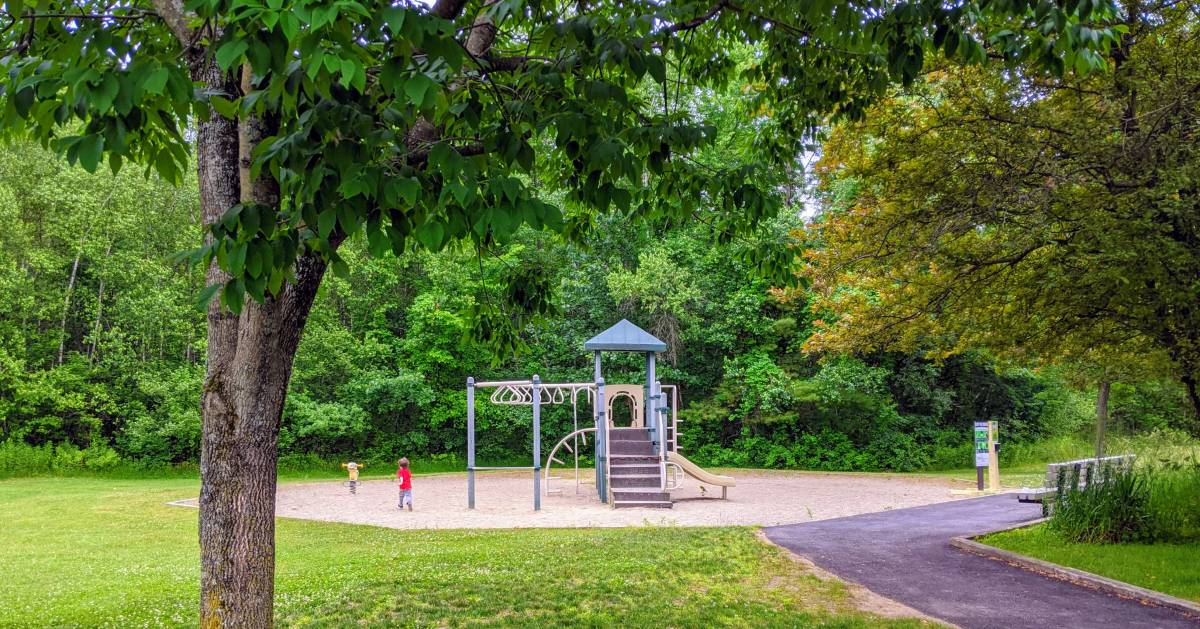 small playground, toddler, trees