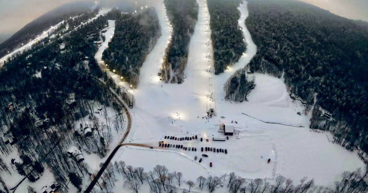 aerial view of skiing mountain