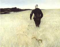 Man in backwards baseball hat walking through field of tall wheat